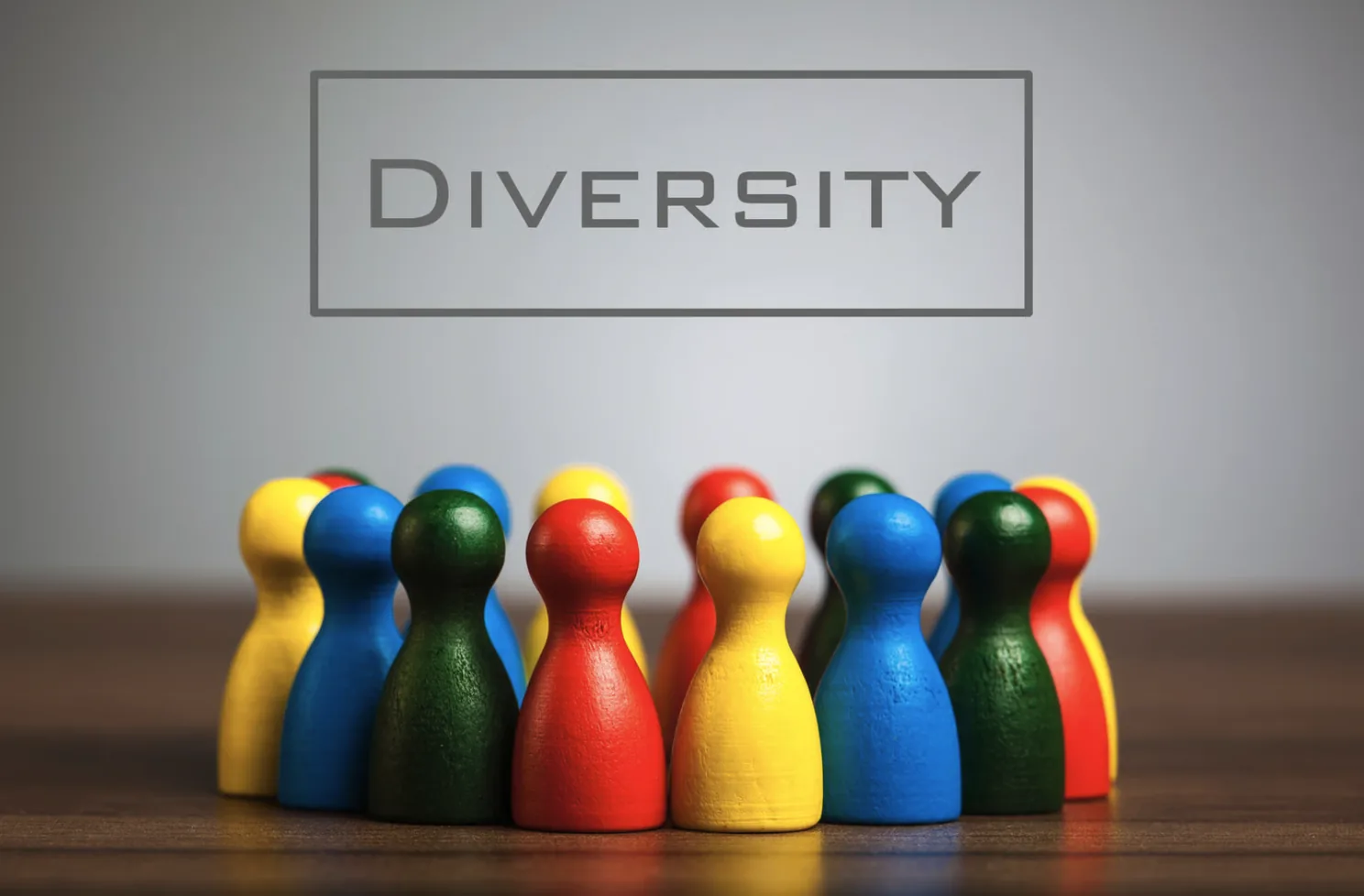 Coloured game pieces gathered in front of a frame with the word "Diversity".