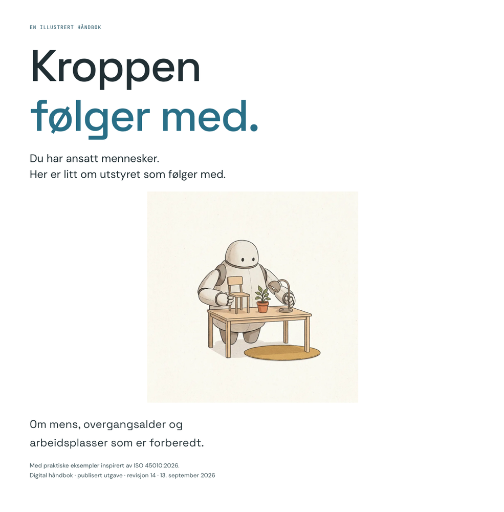 Cover of the guide “The body keeps up”, with the robot setting up a small chair, a plant and a lamp on a table.