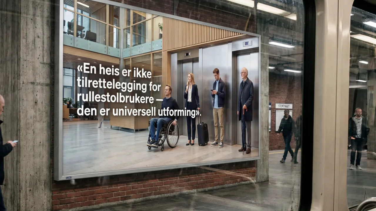 Advertising screen in an office building reading \"A lift is not an accommodation for wheelchair users — it is inclusive design\", in front of a lift several people are entering.