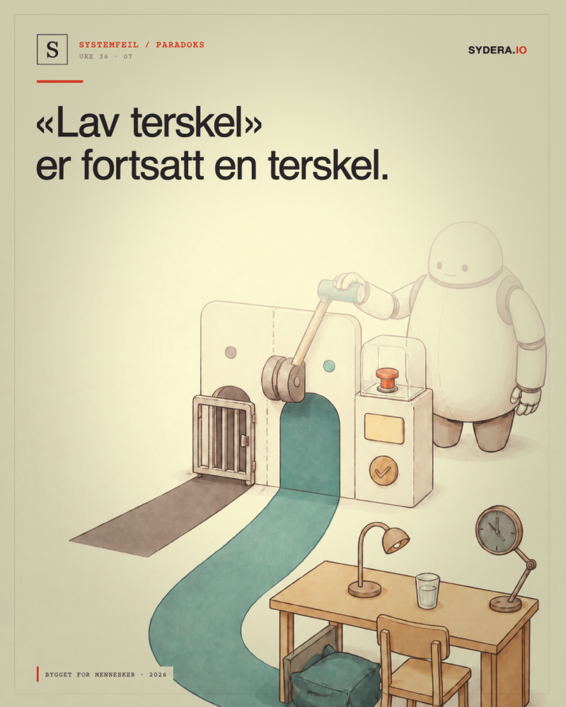 Poster reading “Low threshold” is still a threshold. The robot looks at a door with a barrier and a button under glass.