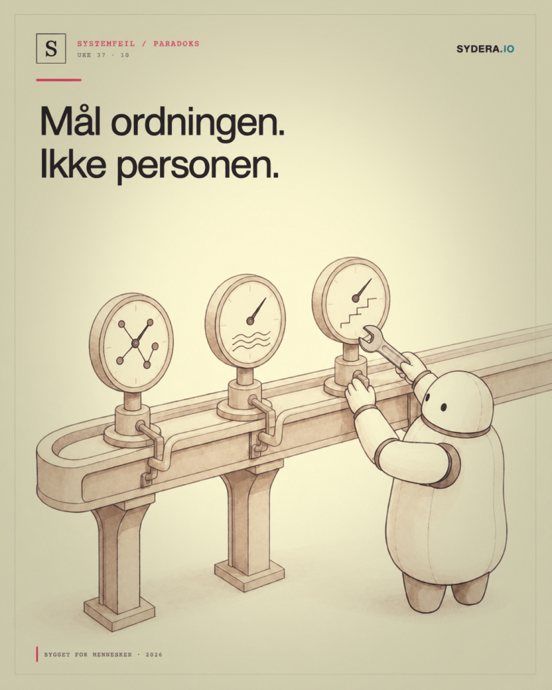 Poster reading “Measure the arrangement. Not the person.” The robot adjusts three gauges on a pipe.