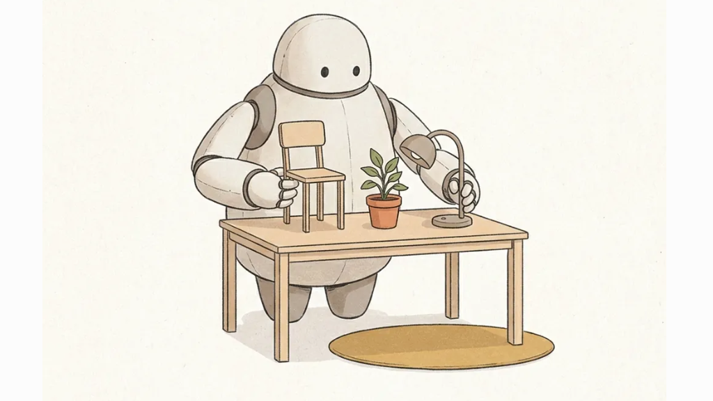 Illustration: a robot sets up a small chair, a potted plant and a lamp on a table.