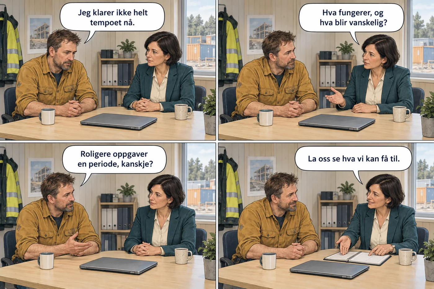 Fire ruter. En tømrer sier at han ikke helt klarer tempoet nå. Lederen spør hva som fungerer og hva som blir vanskelig. Han foreslår roligere oppgaver en periode. Hun vil se hva de kan få til. Laptopen ligger lukket på bordet.