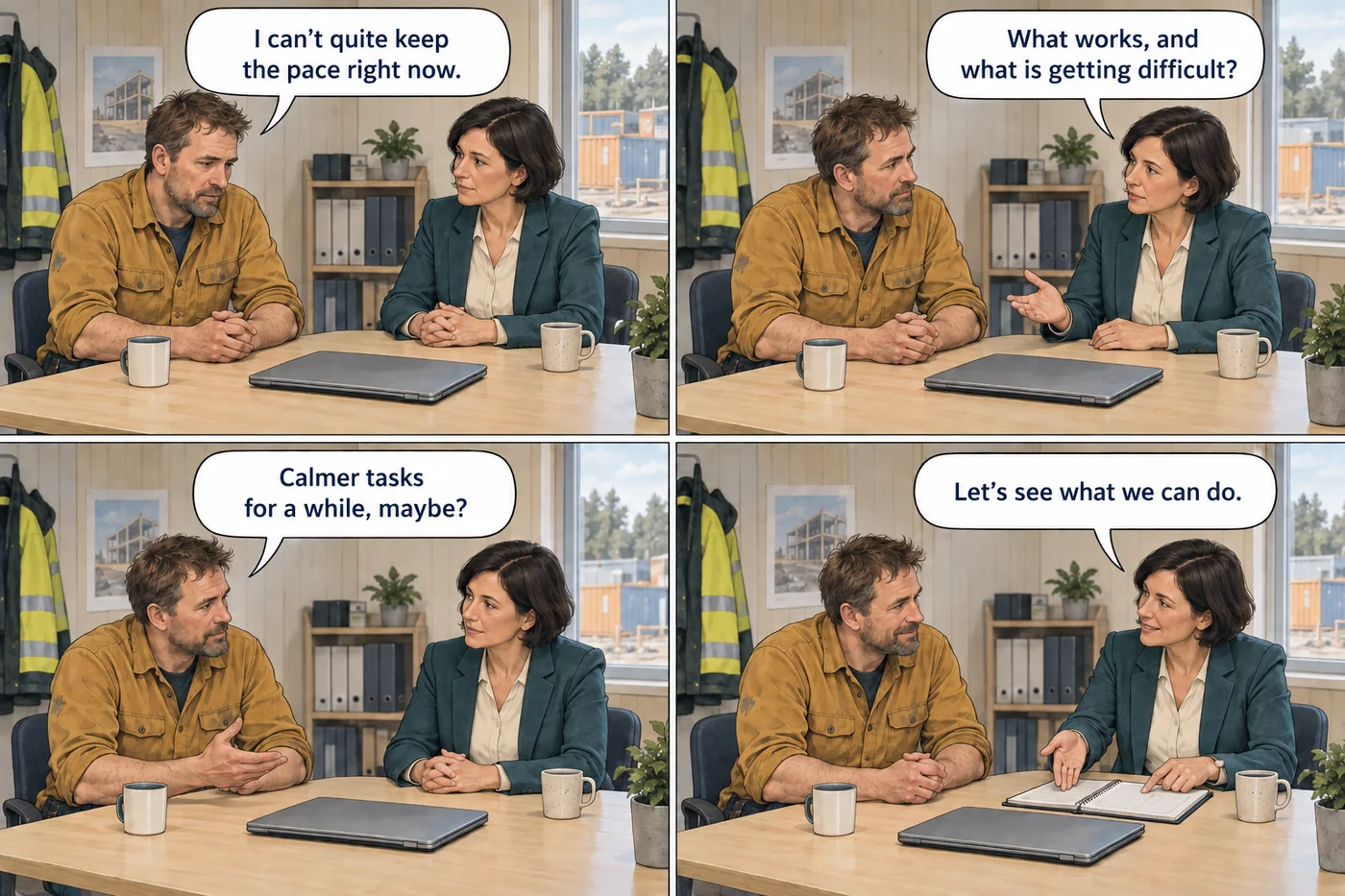 Four panels. A carpenter says he cannot quite keep the pace right now. The manager asks what works and what is getting difficult. He suggests calmer tasks for a while. She wants to see what they can do. The laptop lies closed on the table.