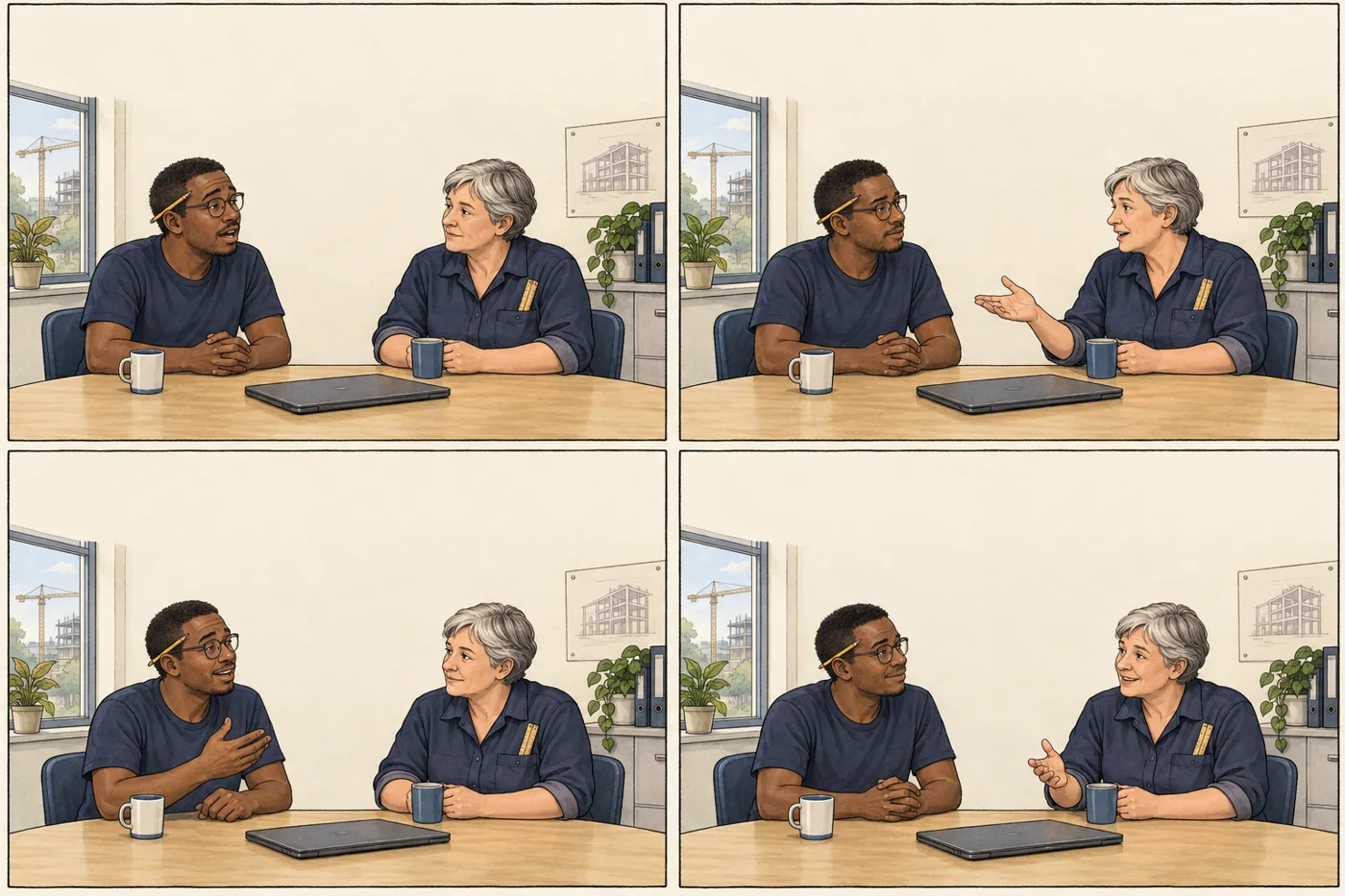 Four panels. A carpenter says he cannot quite keep the pace right now. The manager asks what works and what is getting difficult. He suggests calmer tasks for a while. She wants to see what they can do. The laptop lies closed on the table.