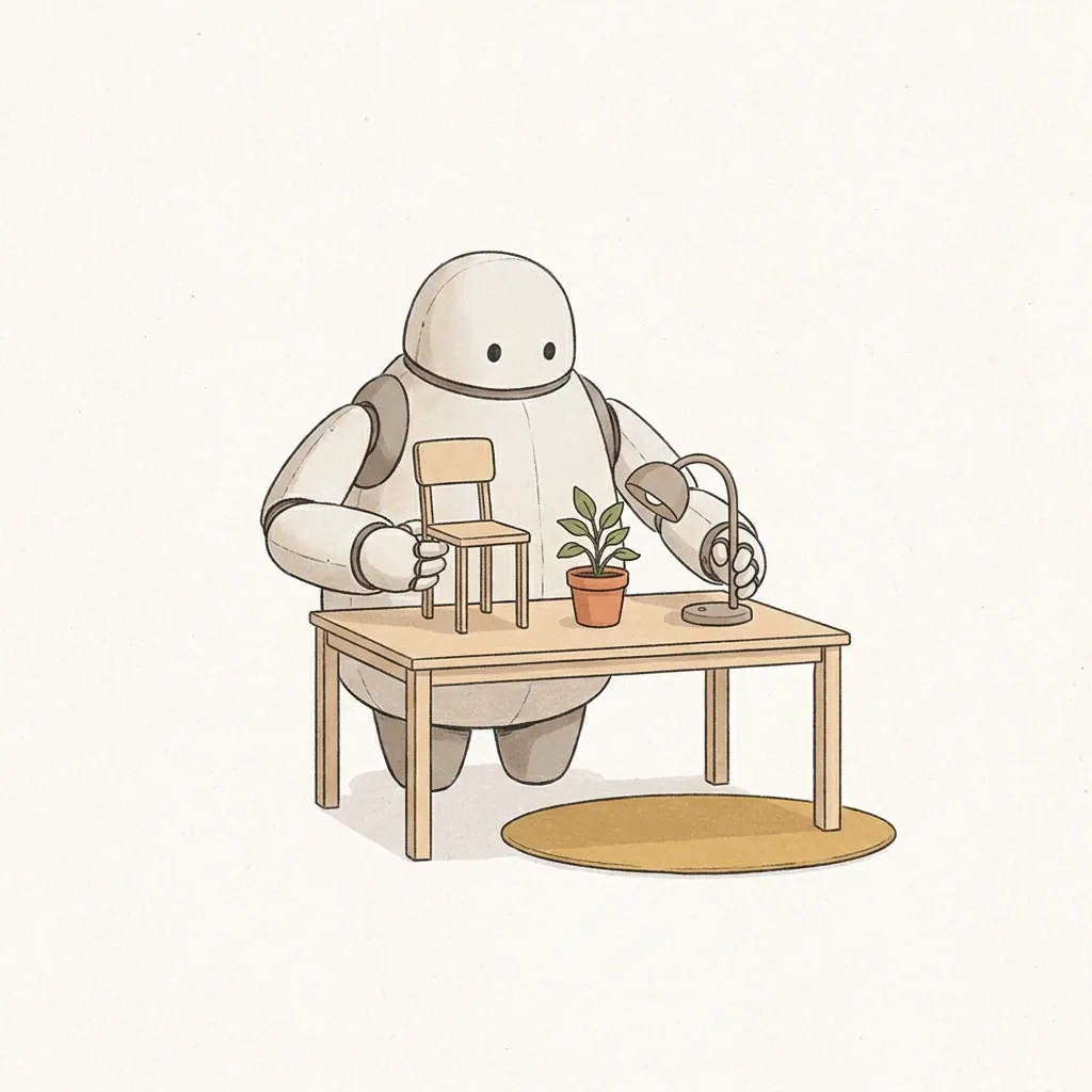 The robot from Mission: human furnishing a small workplace with a chair, a lamp and a plant.