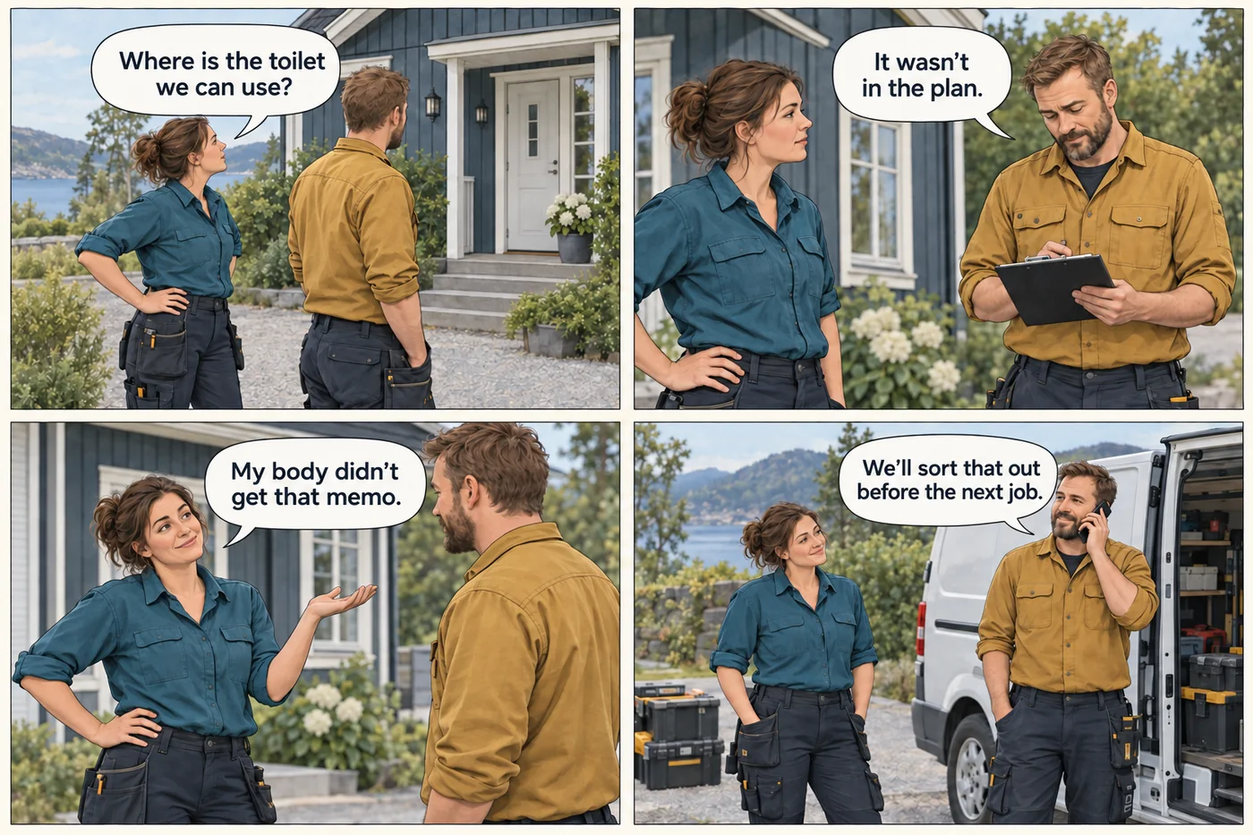 Two tradespeople sort out toilet access on a customer job. The job plan is missing this information.