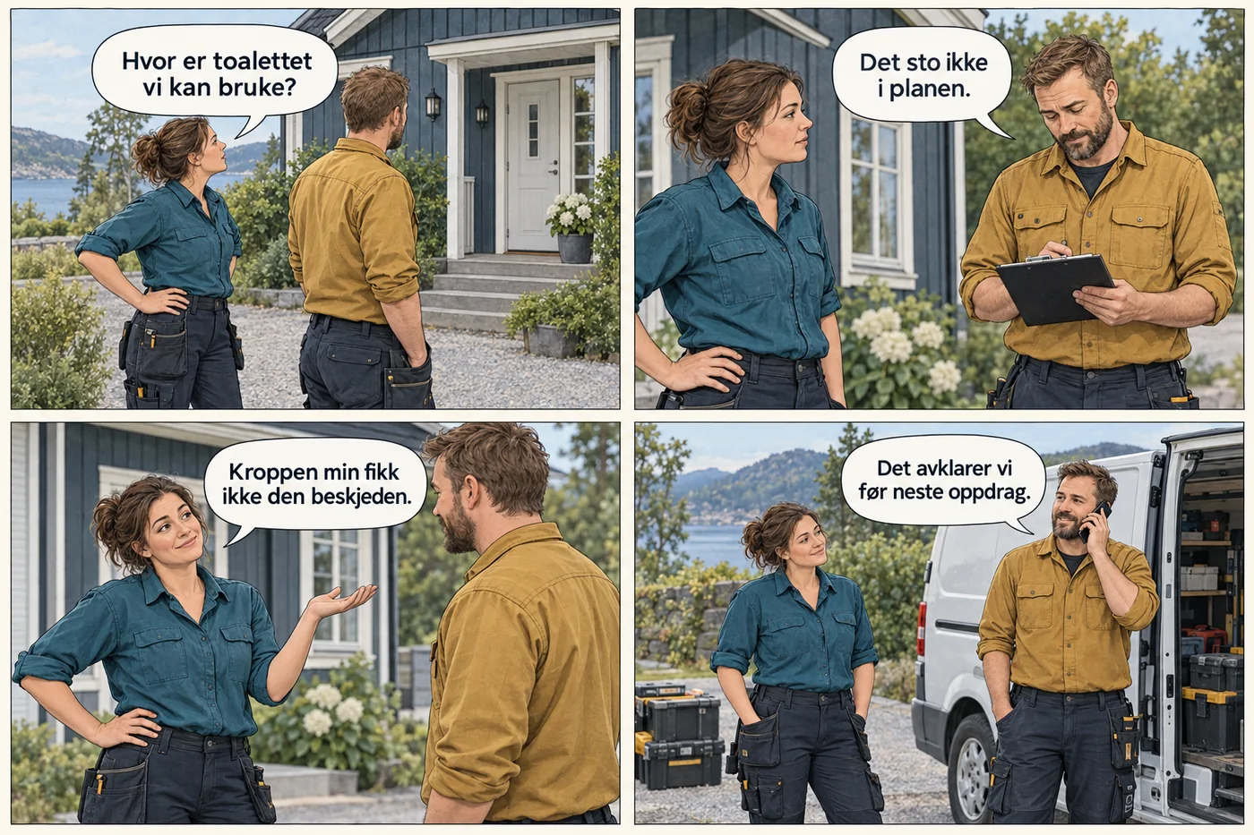 To håndverkere avklarer toalettmuligheter på et kundeoppdrag. Arbeidsplanen mangler denne opplysningen.