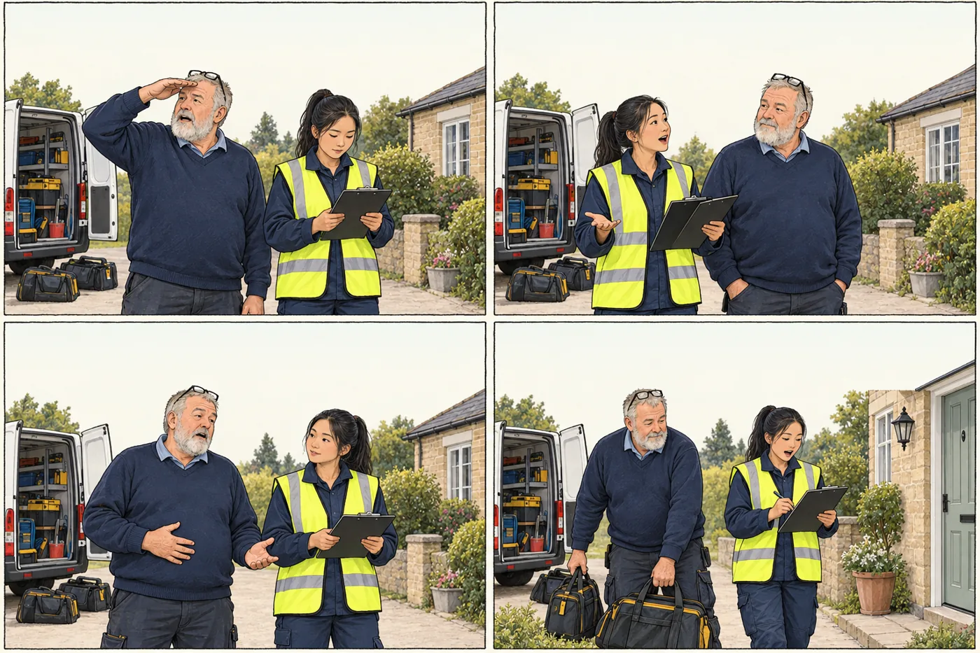 Two tradespeople sort out toilet access on a customer job. The job plan is missing this information.
