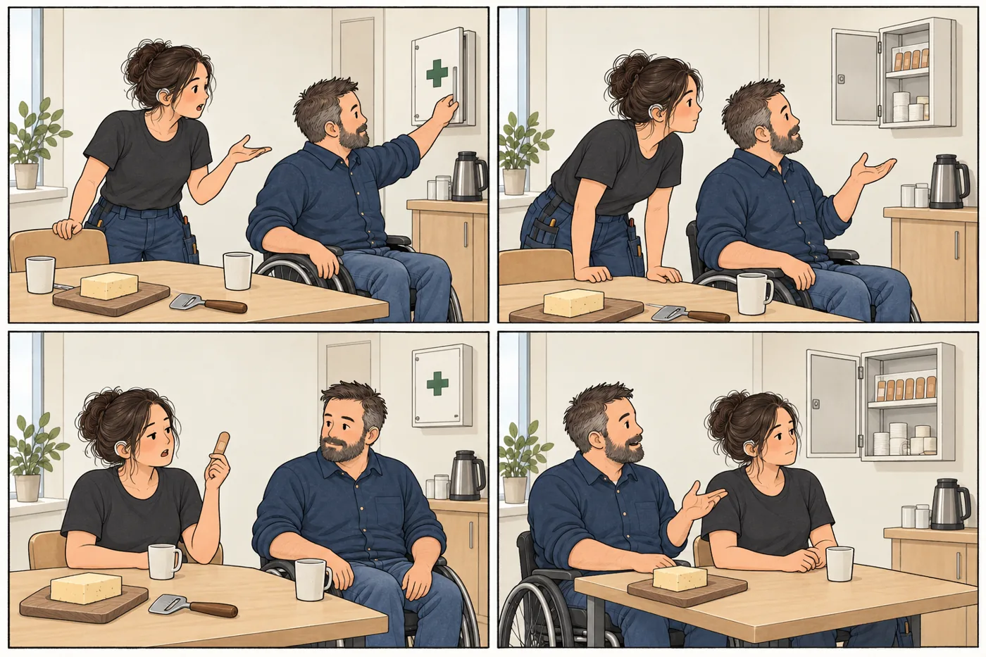 Four panels with two colleagues, one of them a wheelchair user. They have plasters in the first-aid kit, but no pads or tampons. They conclude that they are prepared for the cheese knife, while periods will have to manage on their own.