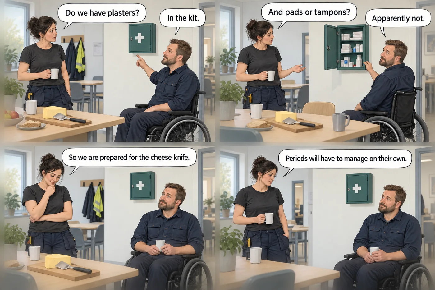 Four panels with two colleagues, one of them a wheelchair user. They have plasters in the first-aid kit, but no pads or tampons. They conclude that they are prepared for the cheese knife, while periods will have to manage on their own.