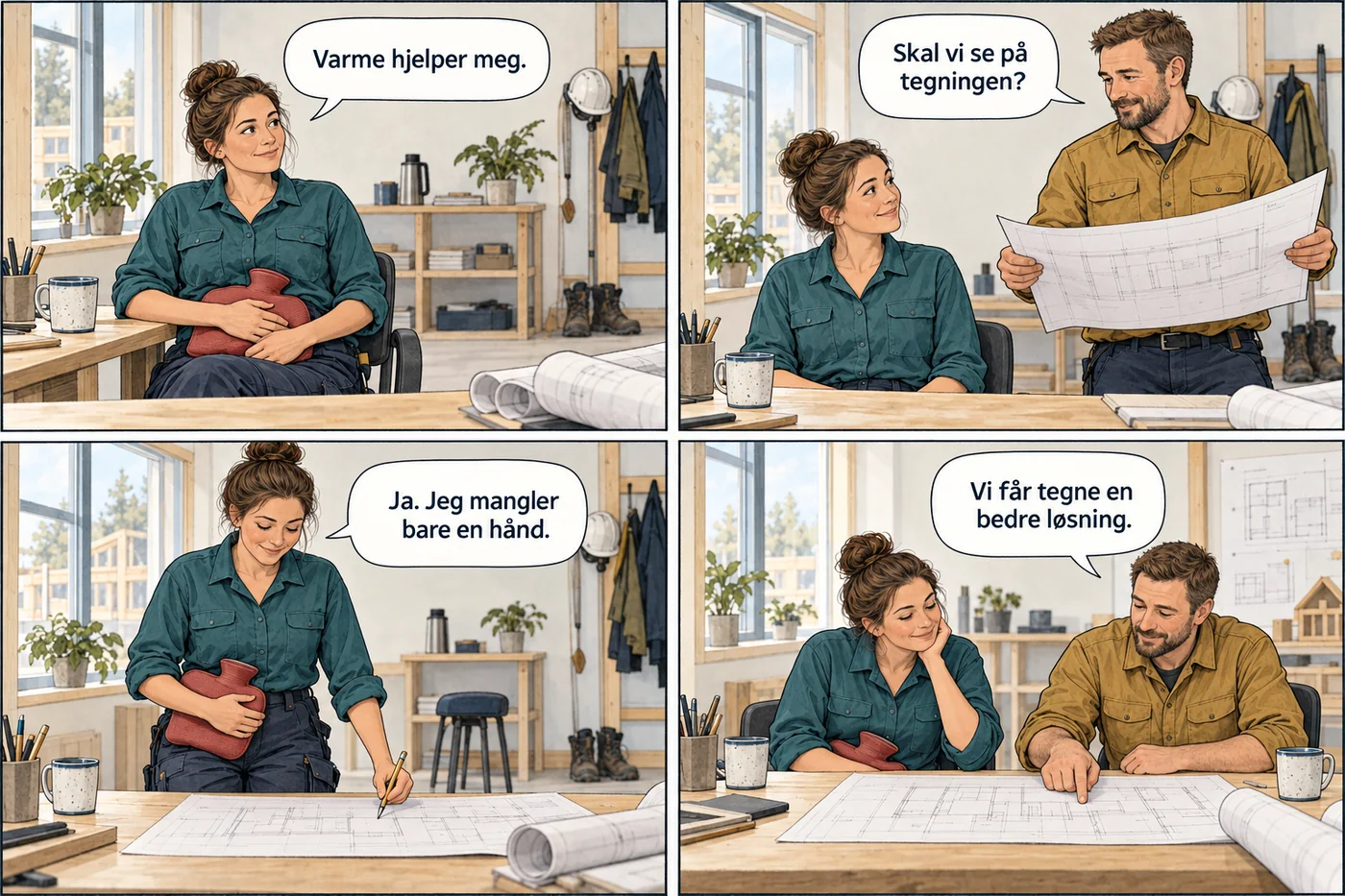 Fire ruter. En kvinnelig tømrer sier at varme hjelper henne. Hun holder en varmeflaske mens hun og en kollega skal se på en tegning. Hun mangler en ledig hånd. De vil tegne en bedre løsning.