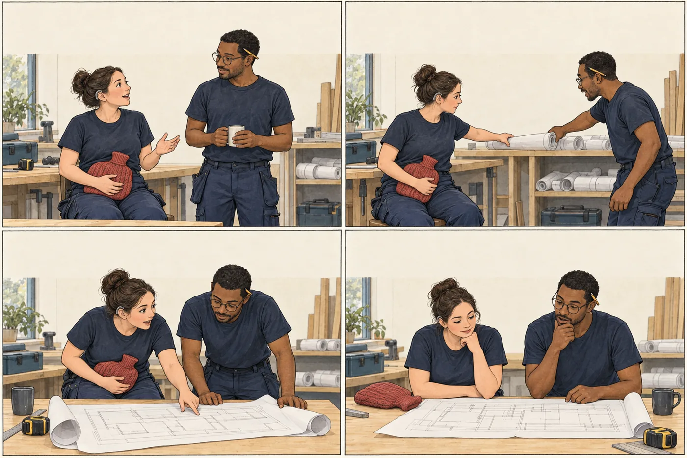 Four panels. A female carpenter says heat helps her. She holds a hot-water bottle while she and a colleague are about to look at a drawing. She is short of a free hand. They decide to draw a better solution.