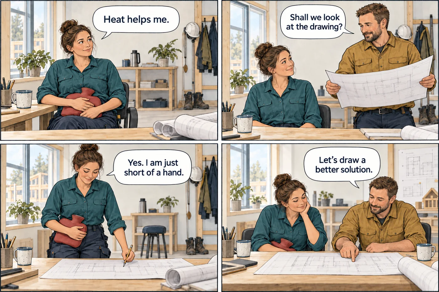 Four panels. A female carpenter says heat helps her. She holds a hot-water bottle while she and a colleague are about to look at a drawing. She is short of a free hand. They decide to draw a better solution.