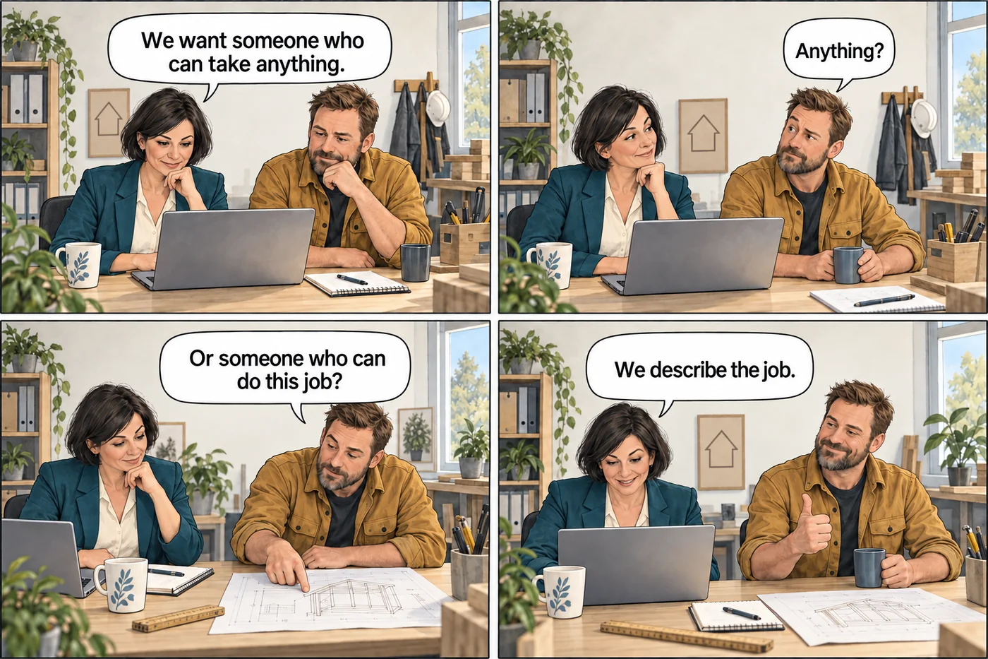 An employer and a colleague replace a vague requirement to withstand anything with a concrete description of the job.