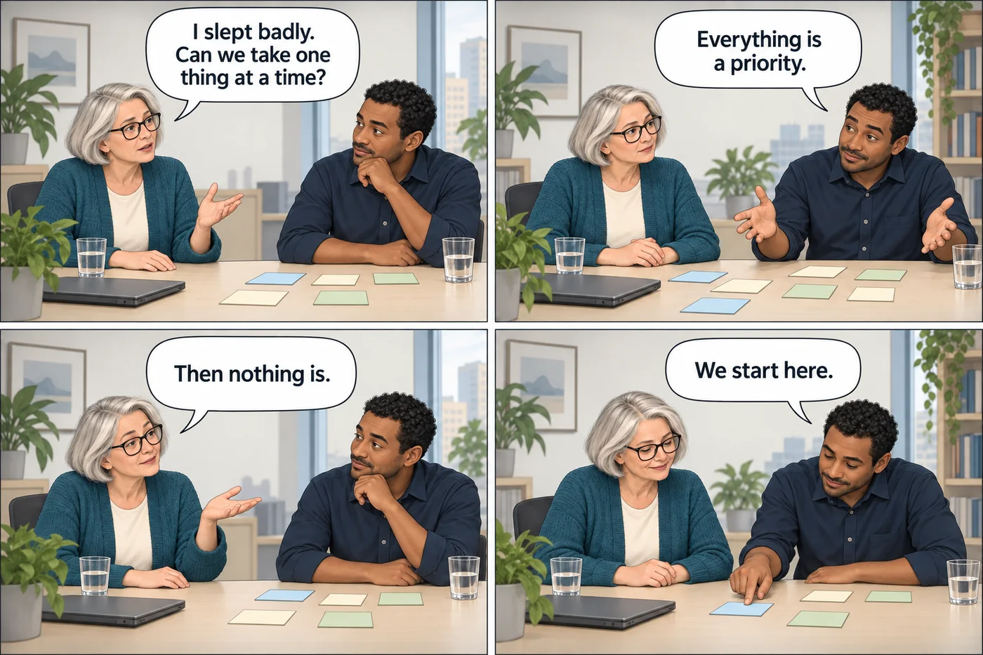 An experienced female employee asks to take one task at a time. She and her colleague choose what to do first.