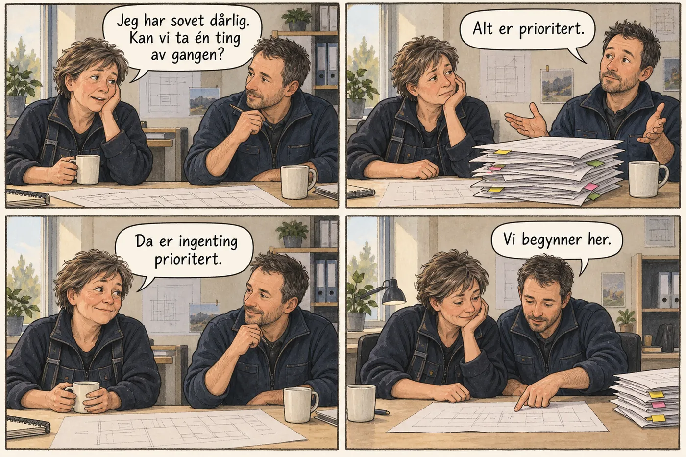 En erfaren kvinnelig medarbeider ber om å ta én oppgave om gangen. Hun og kollegaen velger hva som skal gjøres først.