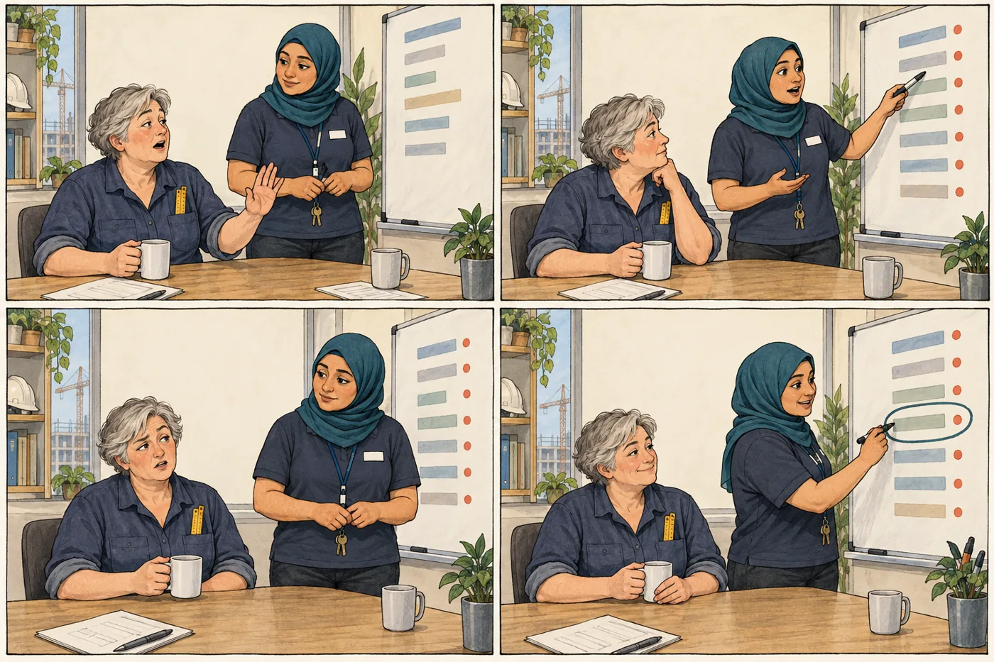 An experienced female employee asks to take one task at a time. She and her colleague choose what to do first.