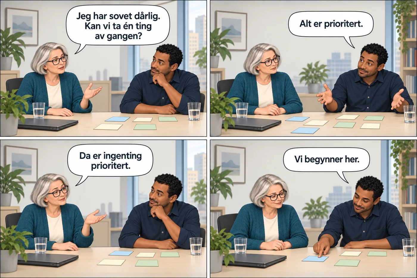En erfaren kvinnelig medarbeider ber om å ta én oppgave om gangen. Hun og kollegaen velger hva som skal gjøres først.