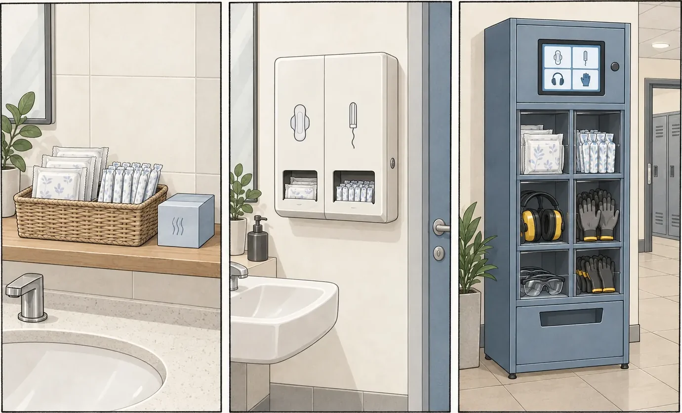 Three equal alternatives: a basket of wrapped menstrual products, a simple wall dispenser, and a cabinet with separate compartments for menstrual products, gloves, safety glasses and hearing protection.