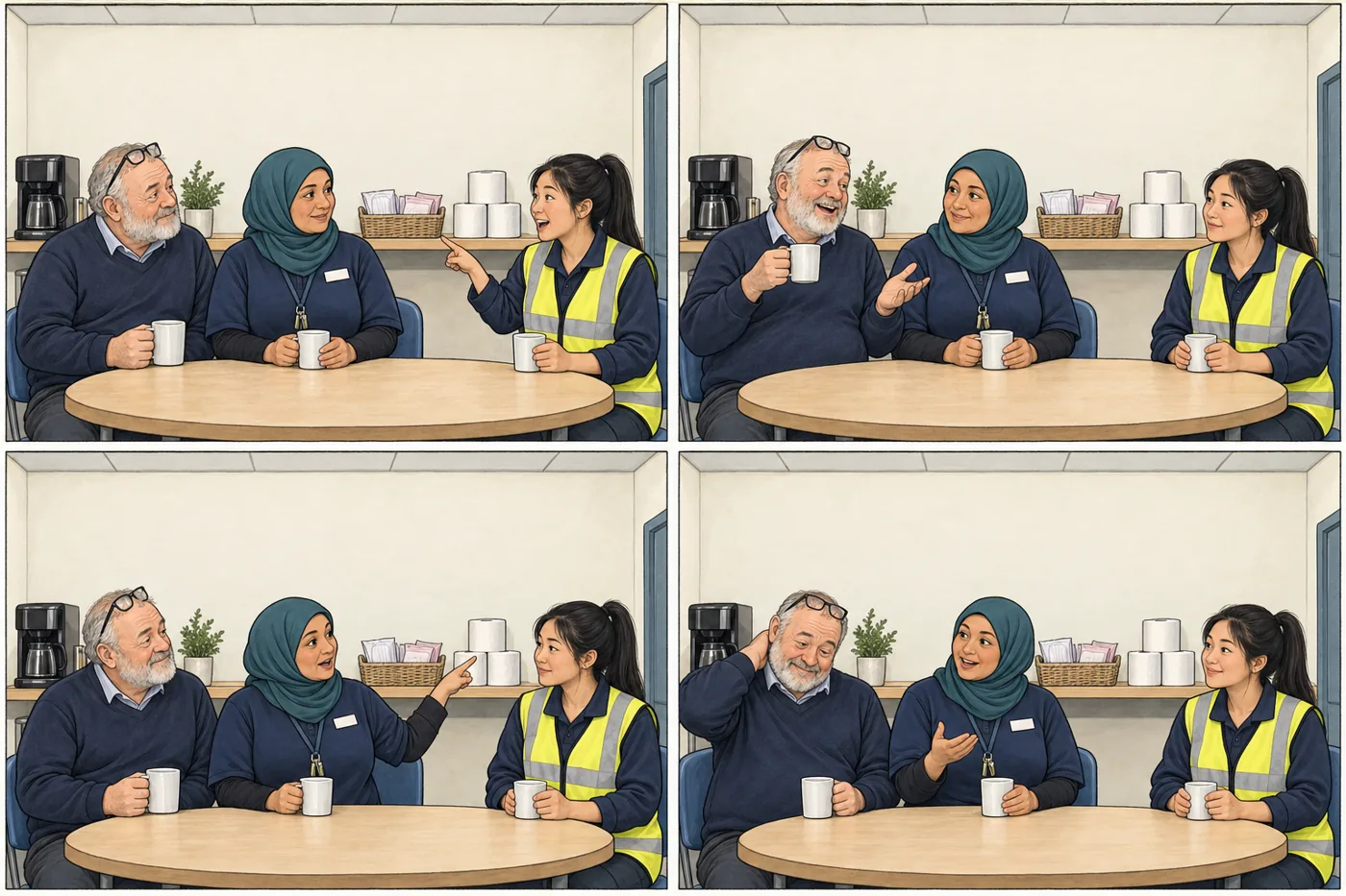 A manager answers a joke about menstrual products with a comparison to toilet paper and a reminder about ordinary needs.