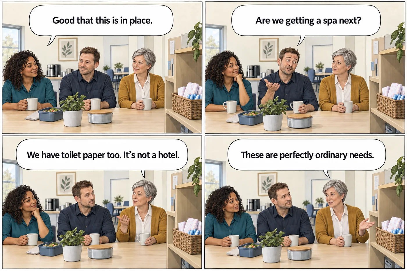 A manager answers a joke about menstrual products with a comparison to toilet paper and a reminder about ordinary needs.