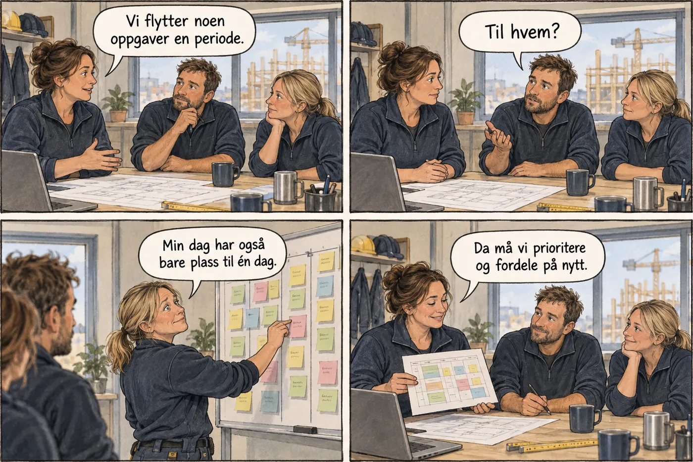 Et team vurderer hvem som kan overta oppgaver og hva som må prioriteres bort eller fordeles annerledes.