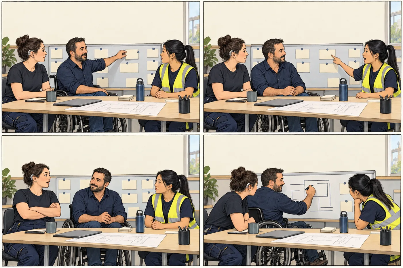 A team considers who can take over tasks and what has to be dropped or shared out differently.