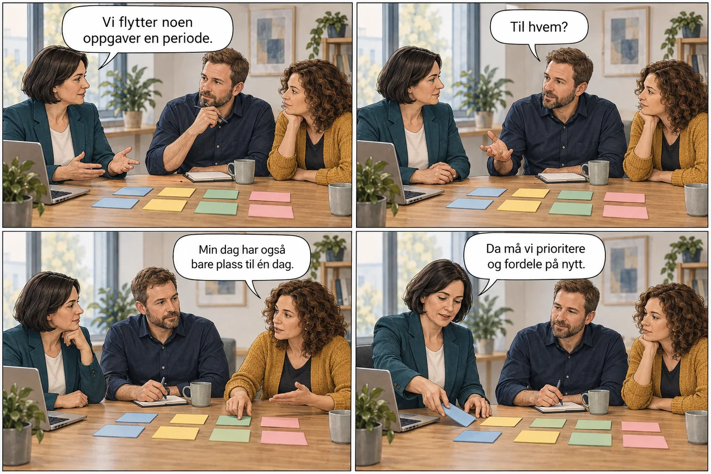 Et team vurderer hvem som kan overta oppgaver og hva som må prioriteres bort eller fordeles annerledes.