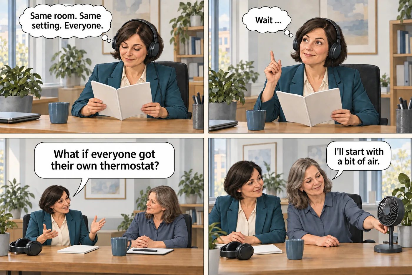 Four panels. A manager with headphones reads Sydera’s implementation guide and has an idea: employees should get more control over their own working conditions. A colleague starts with a bit of air from a desk fan.