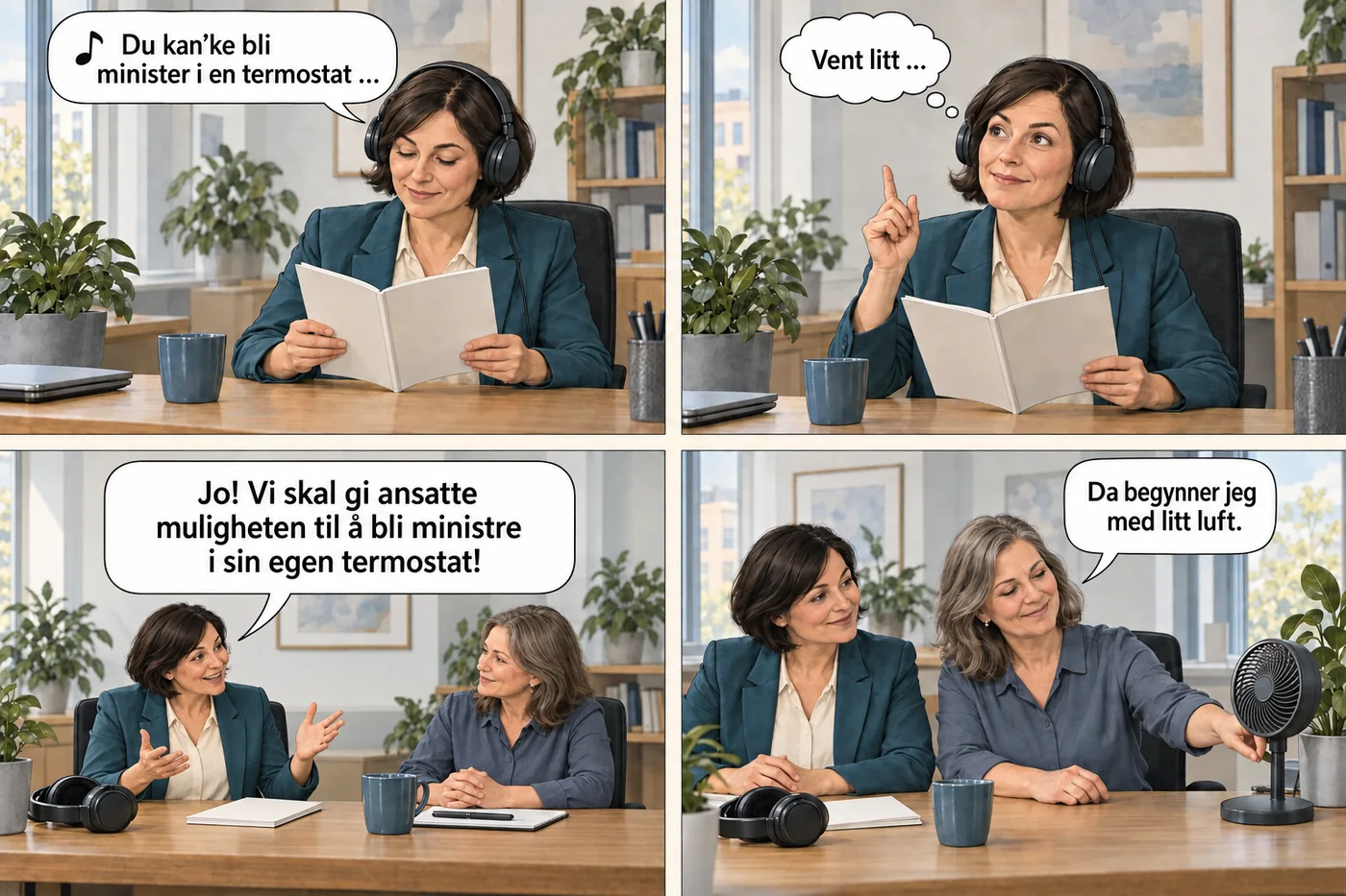 Fire ruter. En leder hører på Kjepper i romjula i headset, leser Syderas implementeringsguide og får en idé: ansatte bør få mer kontroll over arbeidsforholdene. En kollega begynner med litt luft fra en bordvifte.