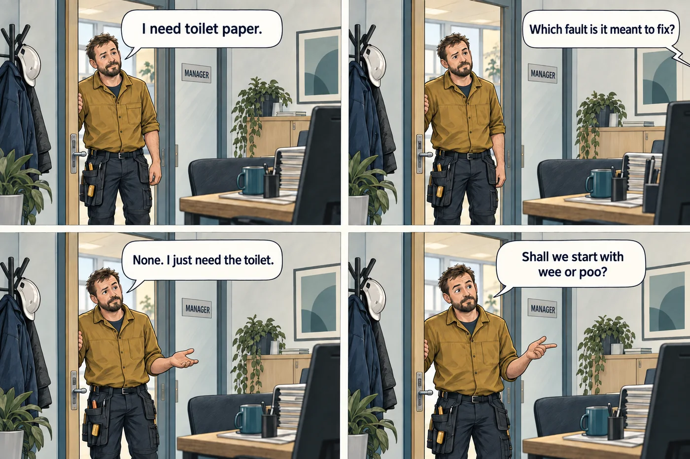 Four panels. A carpenter asks for toilet paper. A boss outside the frame asks which fault it is meant to fix. The carpenter says he just needs the toilet, and asks whether they should start the explanation with wee or poo.