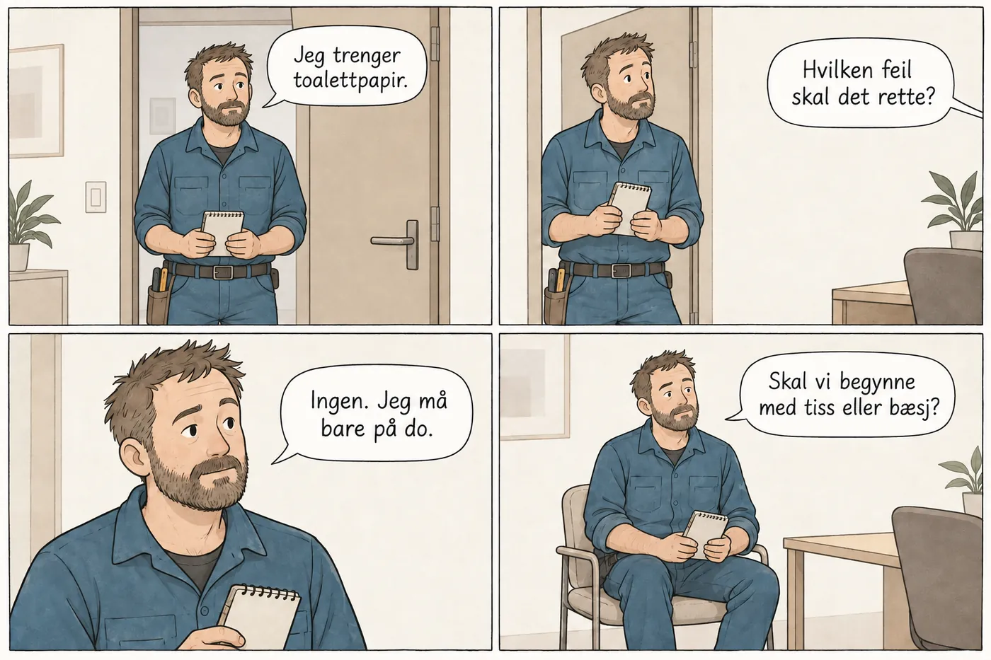 Fire ruter. En tømrer ber om toalettpapir. En sjef utenfor bildet spør hvilken feil det skal rette. Tømreren sier at han bare må på do, og spør om de skal begynne forklaringen med tiss eller bæsj.