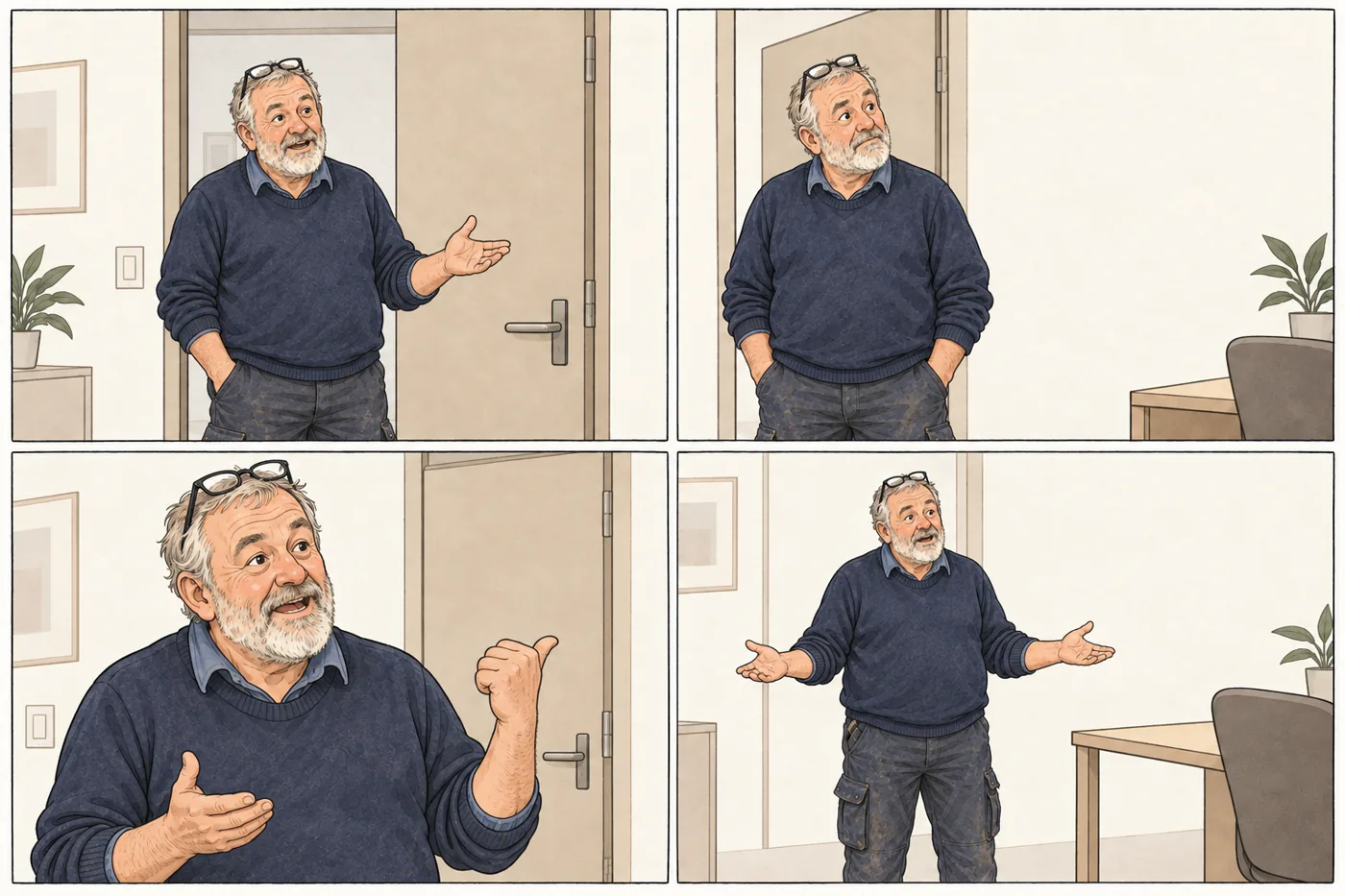 Four panels. A carpenter asks for toilet paper. A boss outside the frame asks which fault it is meant to fix. The carpenter says he just needs the toilet, and asks whether they should start the explanation with wee or poo.